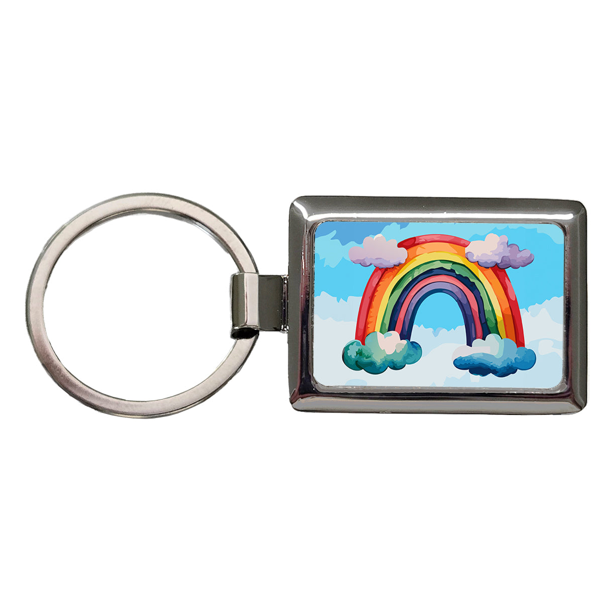 Rainbow and Clouds Watercolor Rectangle Metal Keychain