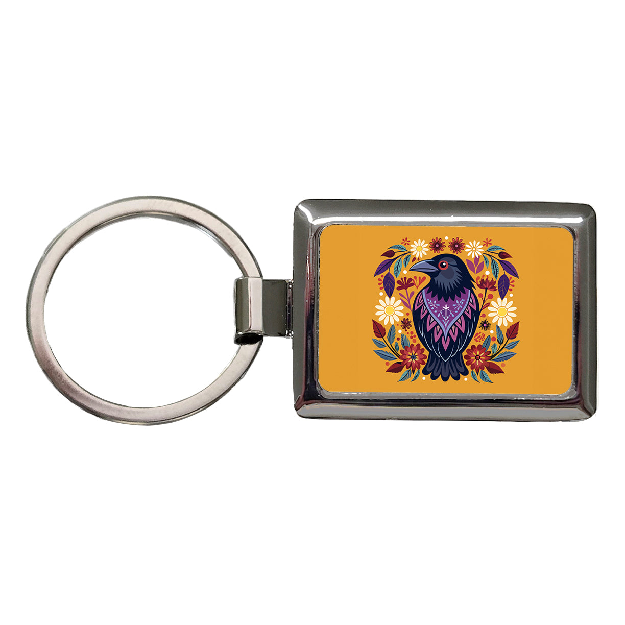 Raven Bird Floral Flowers Rectangle Metal Keychain