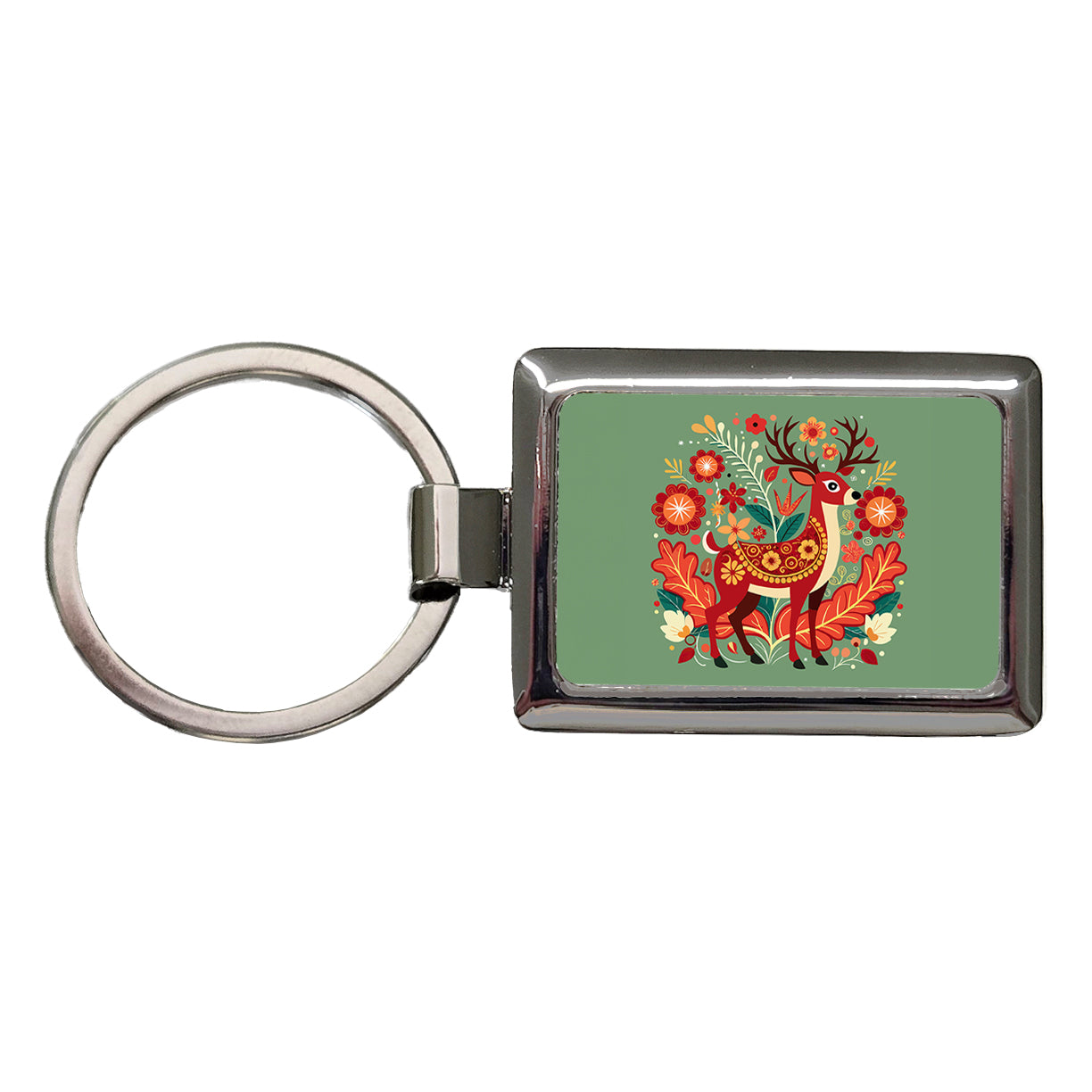 Reindeer Floral Flowers Rectangle Metal Keychain
