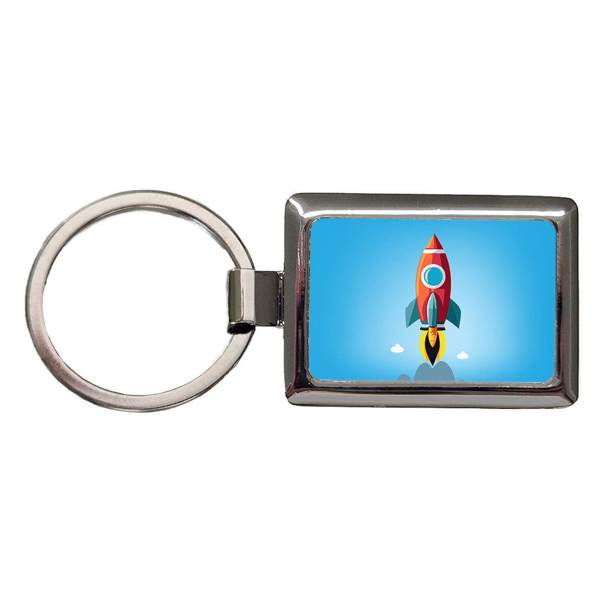 Rocket Ship Blasting Off Rectangle Metal Keychain