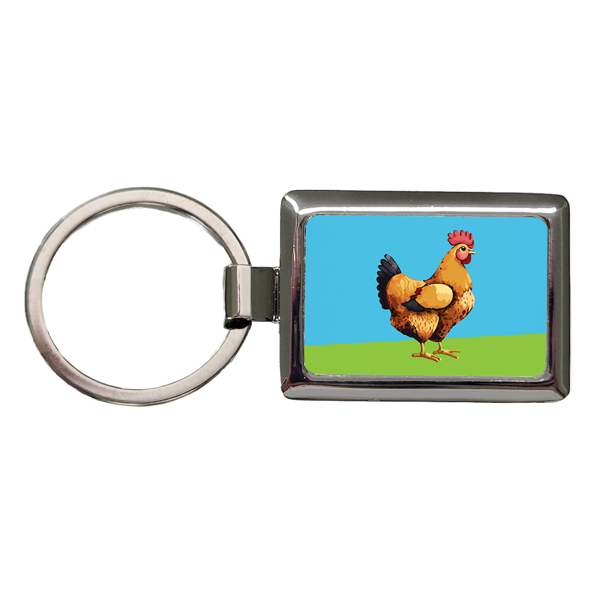 Rooster Chicken Profile Rectangle Metal Keychain