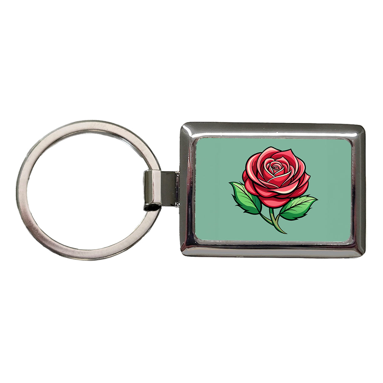 Rose Flower Bud Red Rectangle Metal Keychain