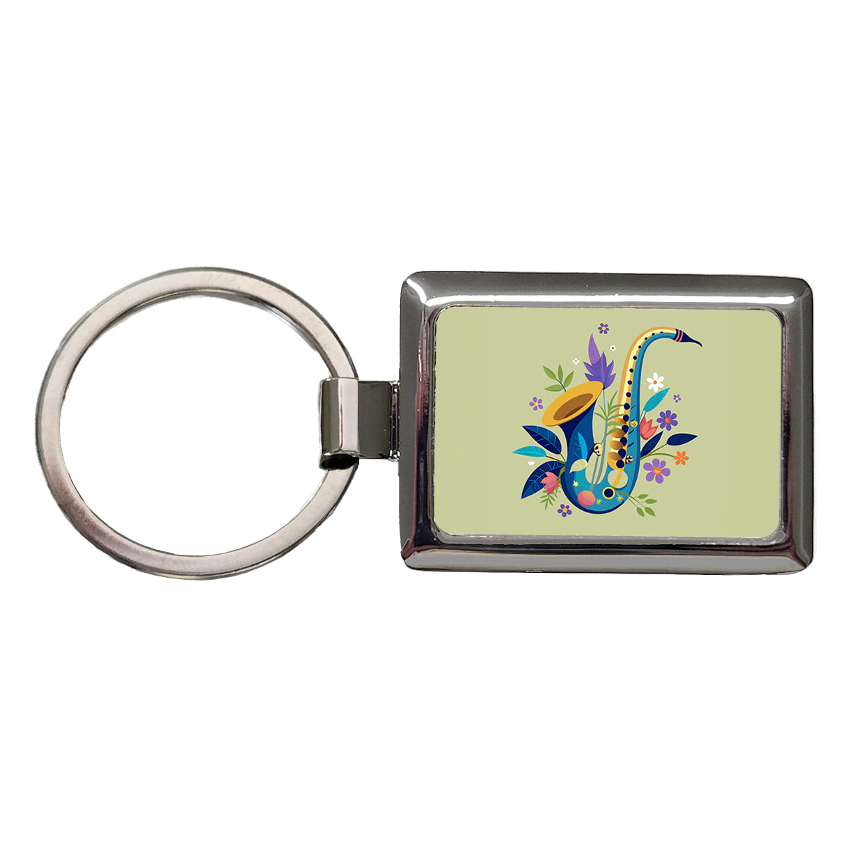 Saxophone Instrument Music Floral Motif Rectangle Metal Keychain