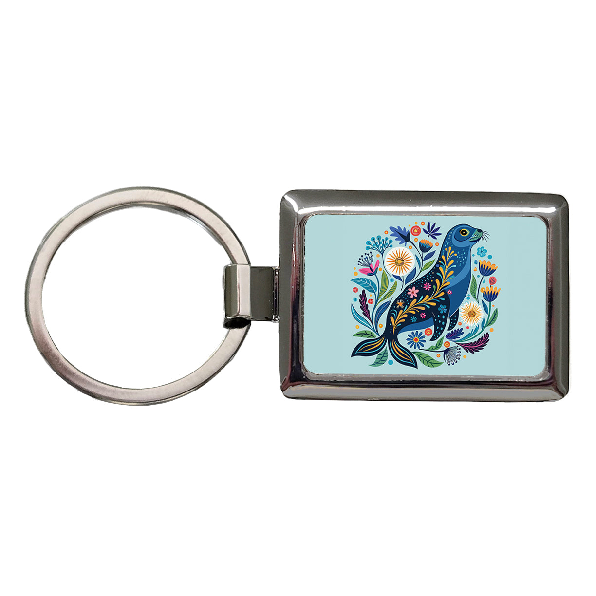 Sea Lion Floral Flowers Rectangle Metal Keychain
