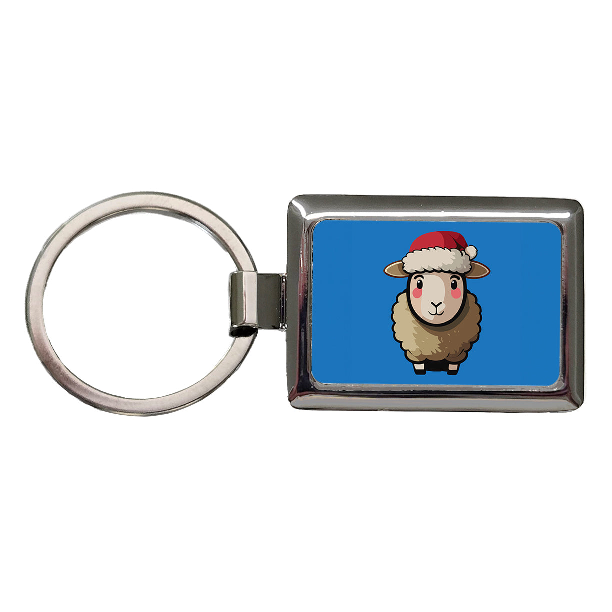 Sheep Christmas Santa Hat Rectangle Metal Keychain