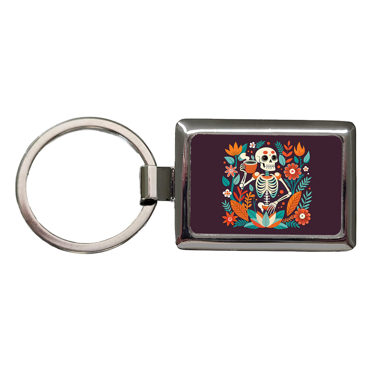 Skeleton Drinking Tea Funny Floral Flowers Rectangle Metal Keychain