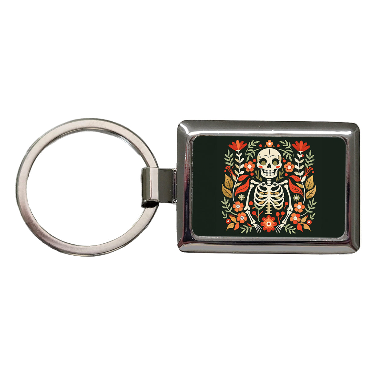 Skeleton Floral Flowers Rectangle Metal Keychain