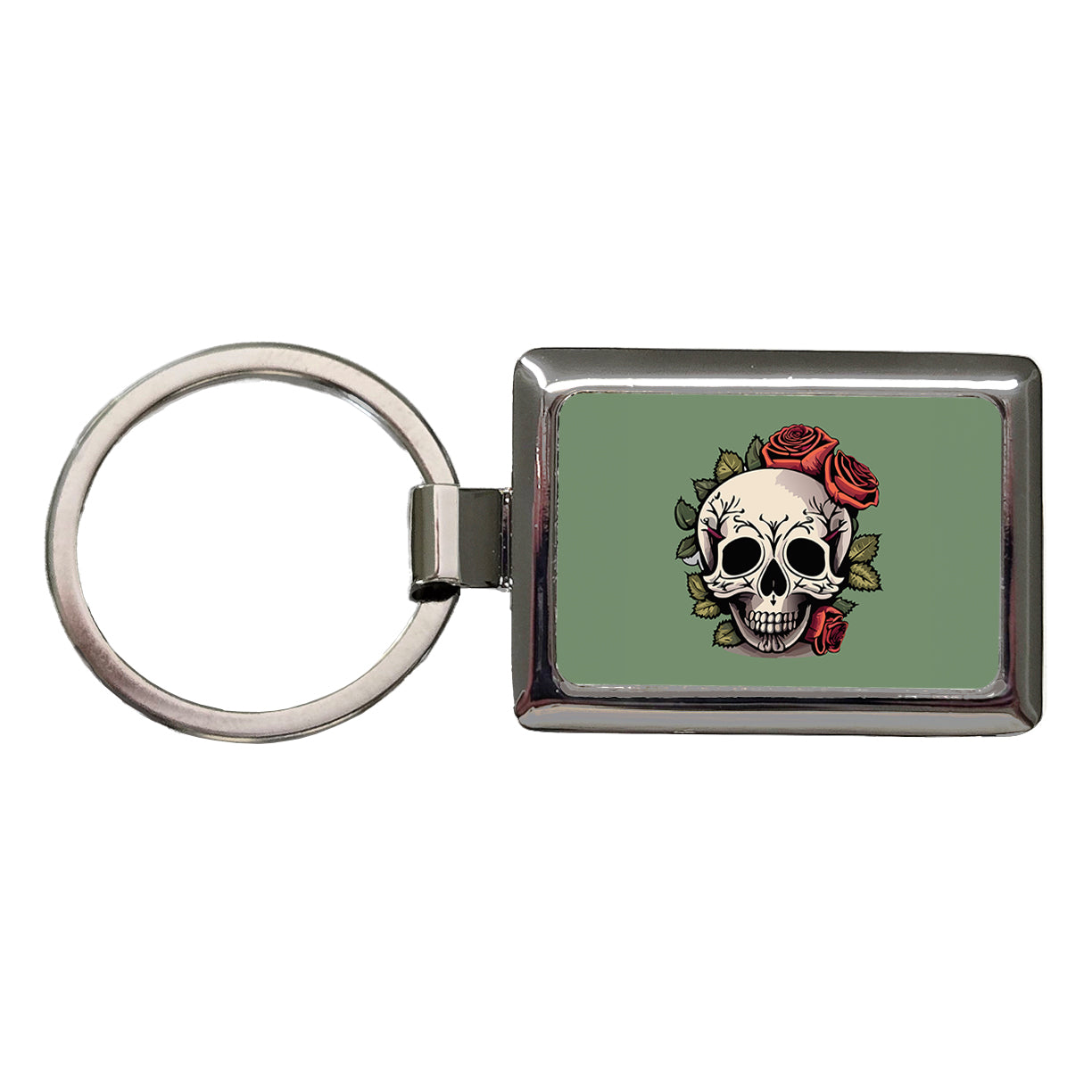 Skull and Roses Rectangle Metal Keychain