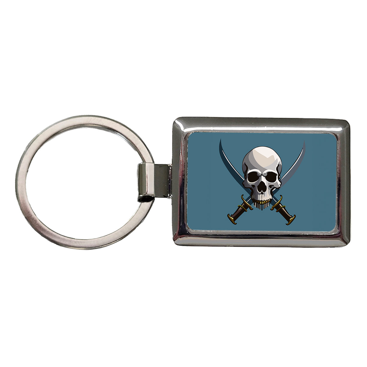 Skull Pirate Crossed Swords Rectangle Metal Keychain