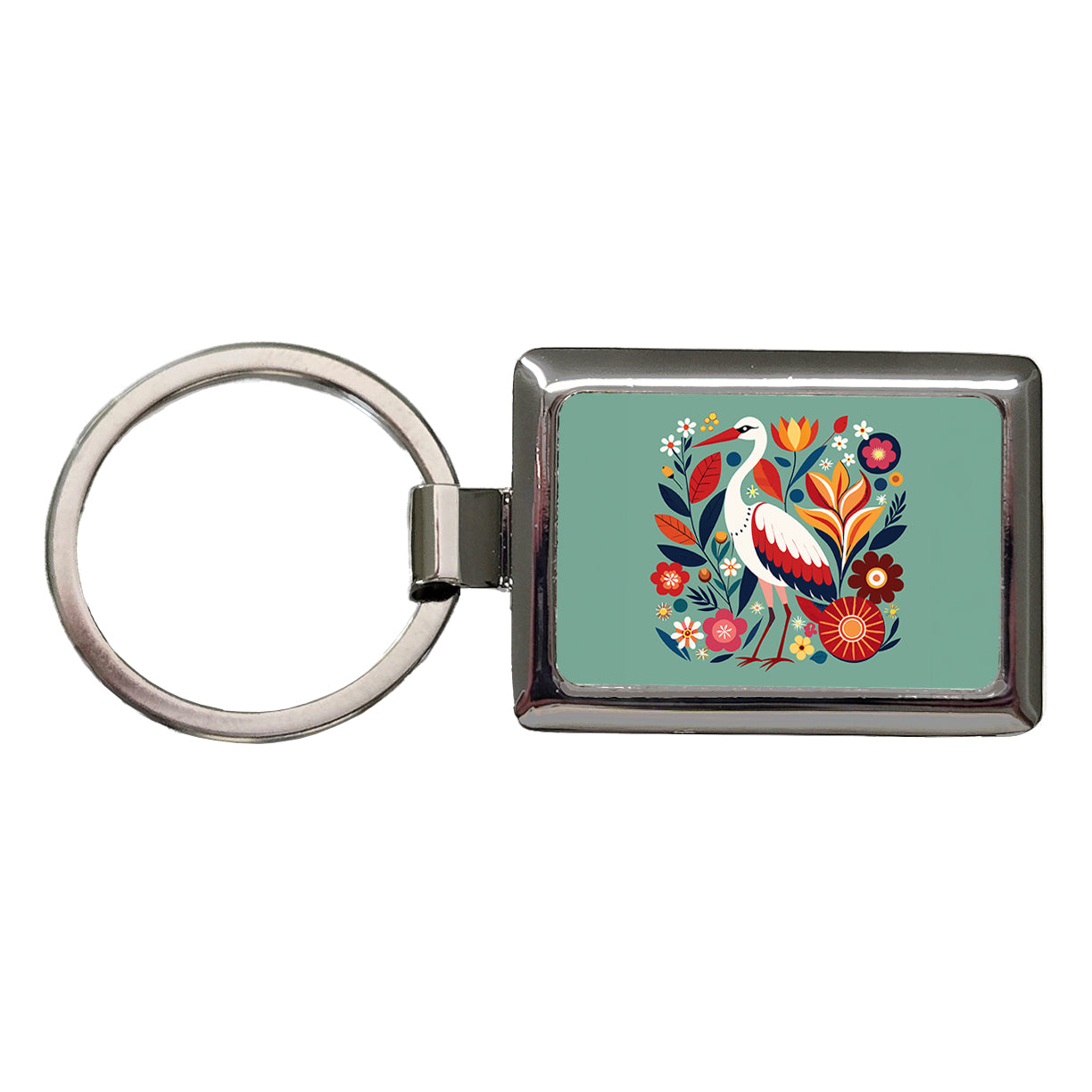 Stork Bird Floral Flowers Rectangle Metal Keychain