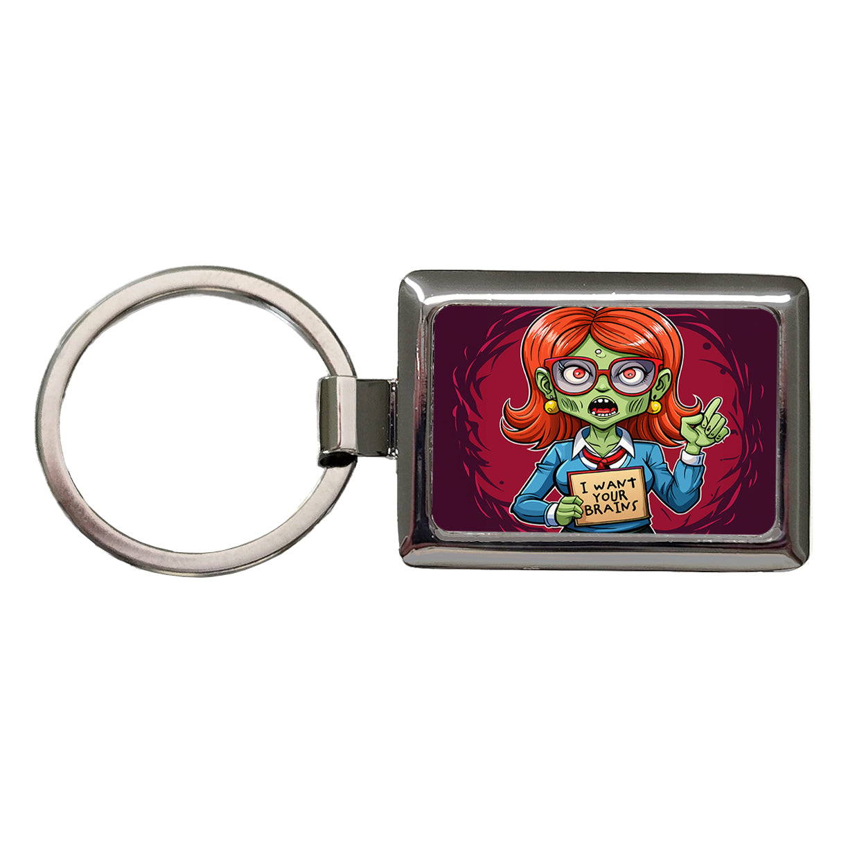 Teacher Zombie Woman I Want Your Brains Rectangle Metal Keychain
