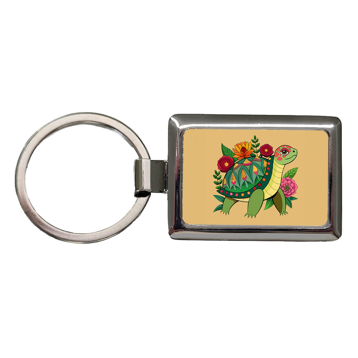 Turtle Floral Flowers Rectangle Metal Keychain