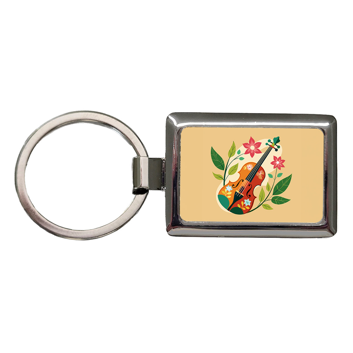 Violin Music Floral Motif Rectangle Metal Keychain