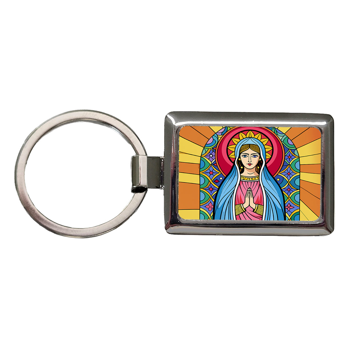 Virgin Mary Stained Glass Christian Religious Catholic Rectangle Metal Keychain