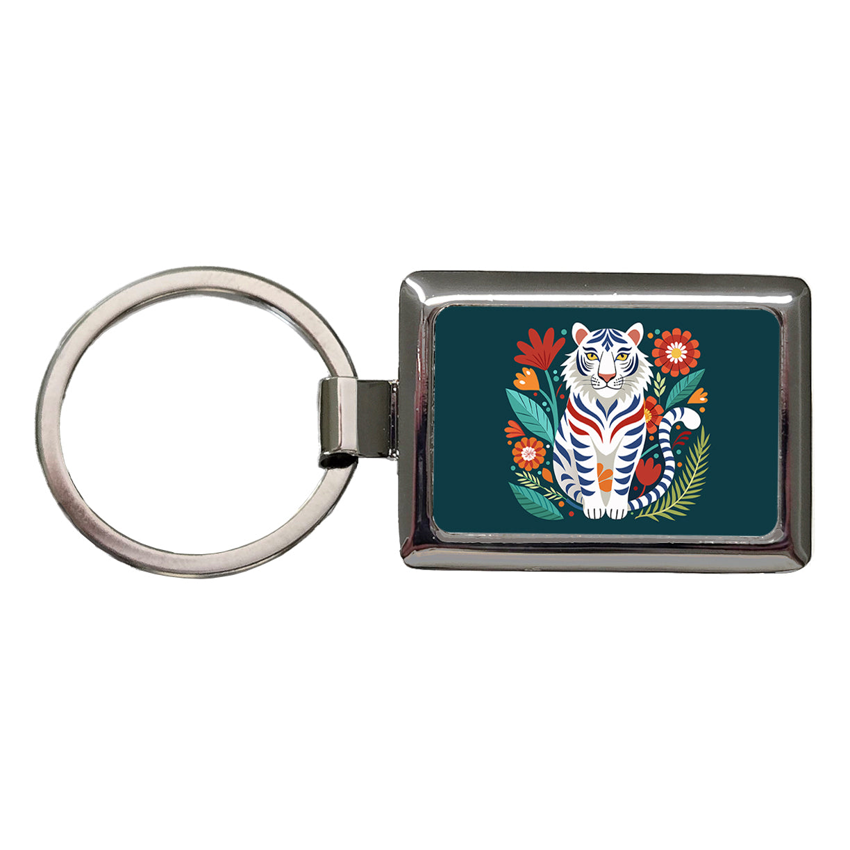 White Tiger Floral Flowers Rectangle Metal Keychain