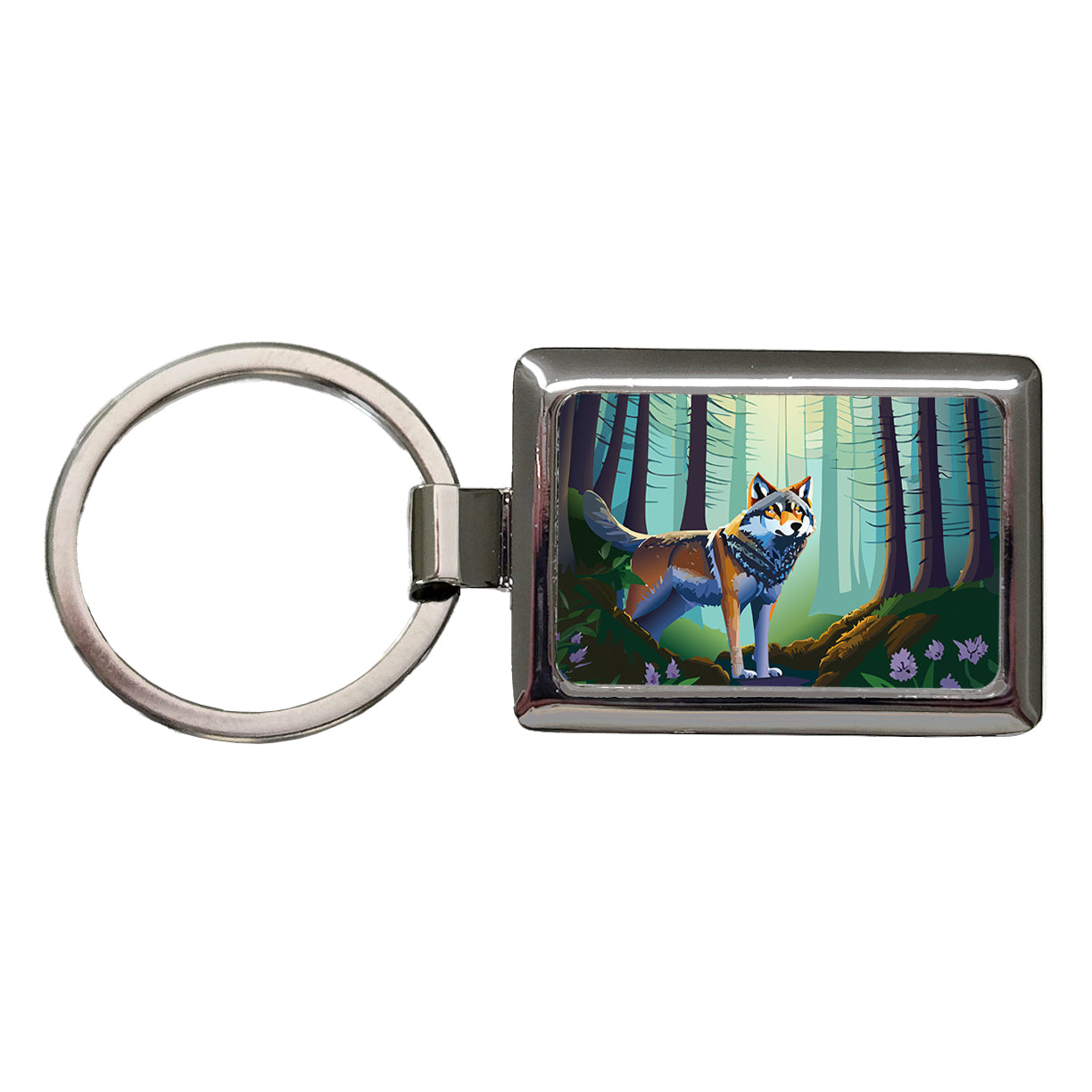 Wolf in Forest Woodland Wilderness Rectangle Metal Keychain