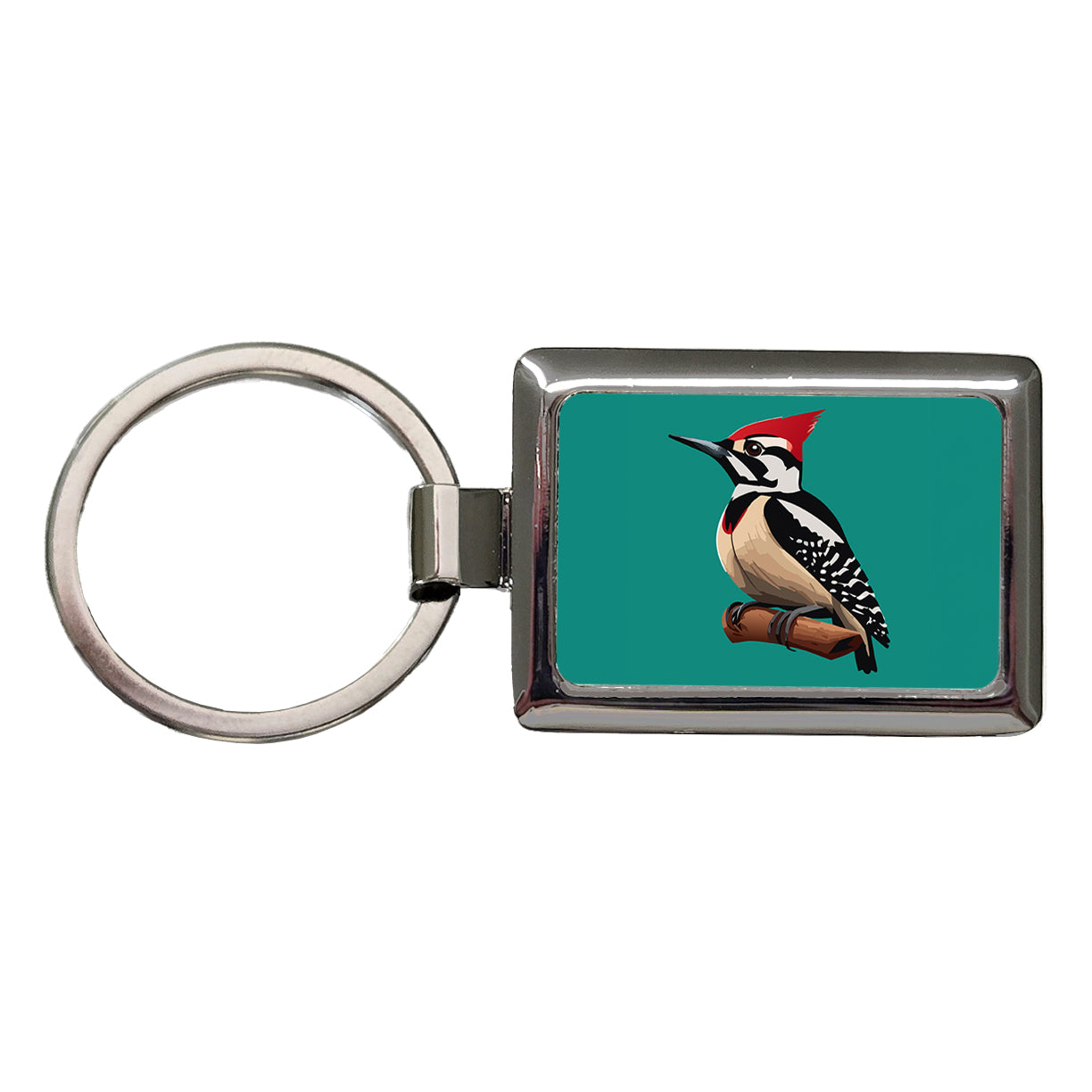 Woodpecker Bird on Branch Rectangle Metal Keychain