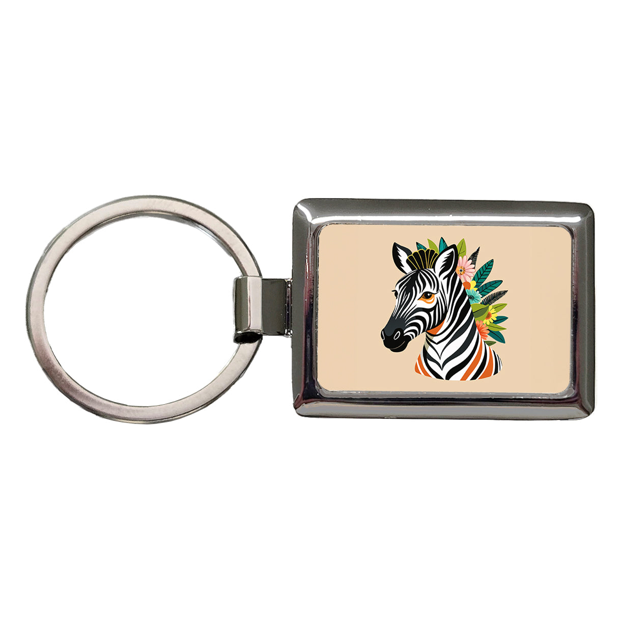 Zebra Head Floral Flowers Rectangle Metal Keychain
