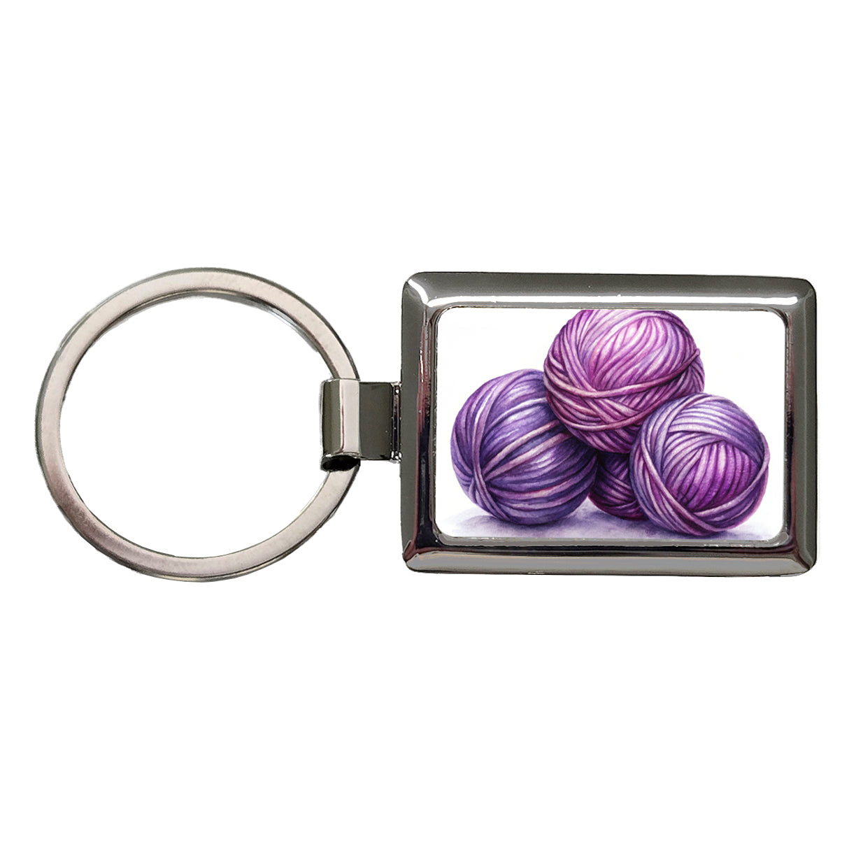 Balls Of Purple Yarn Knitting Crochet Watercolor Rectangle Metal Keychain