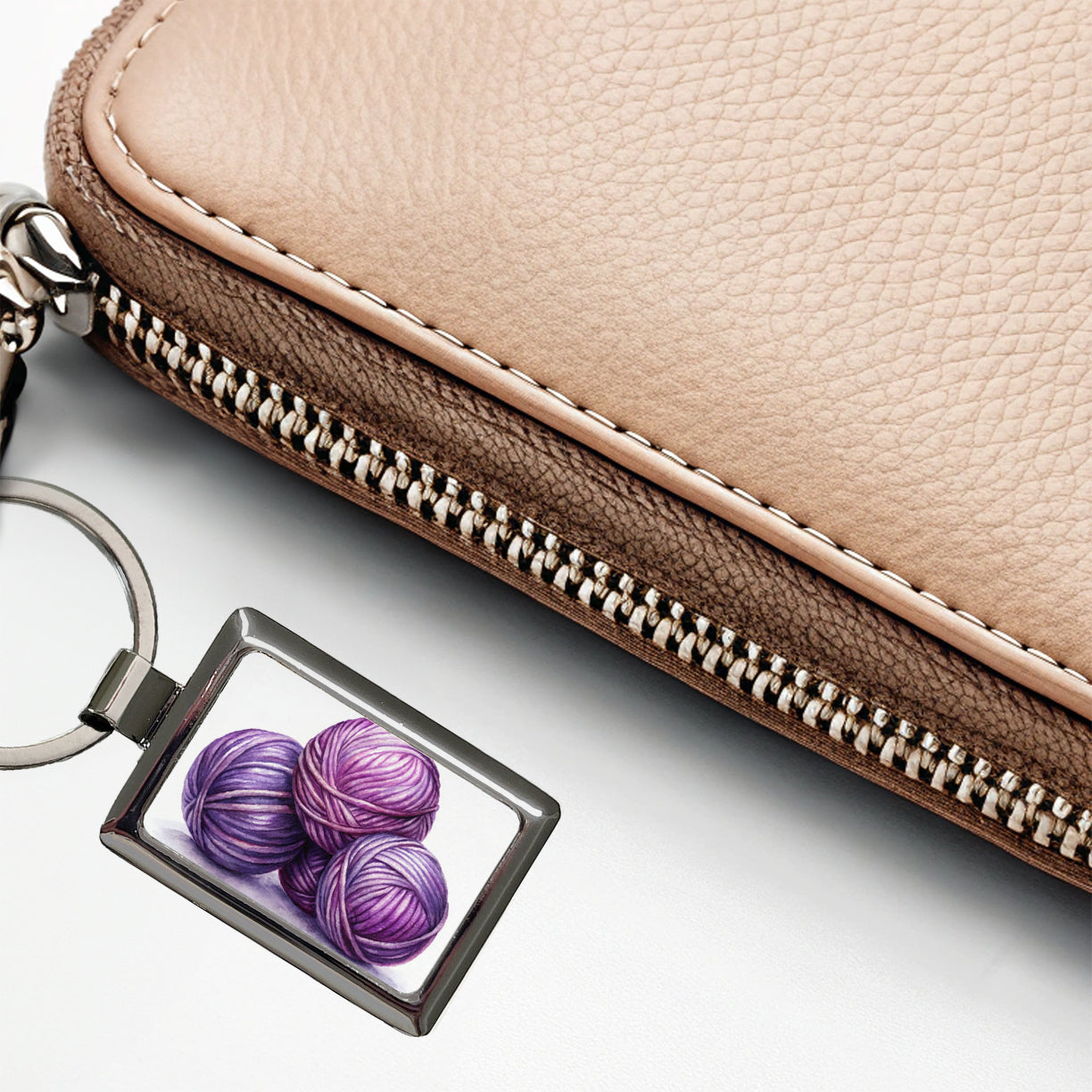 Balls Of Purple Yarn Knitting Crochet Watercolor Rectangle Metal Keychain