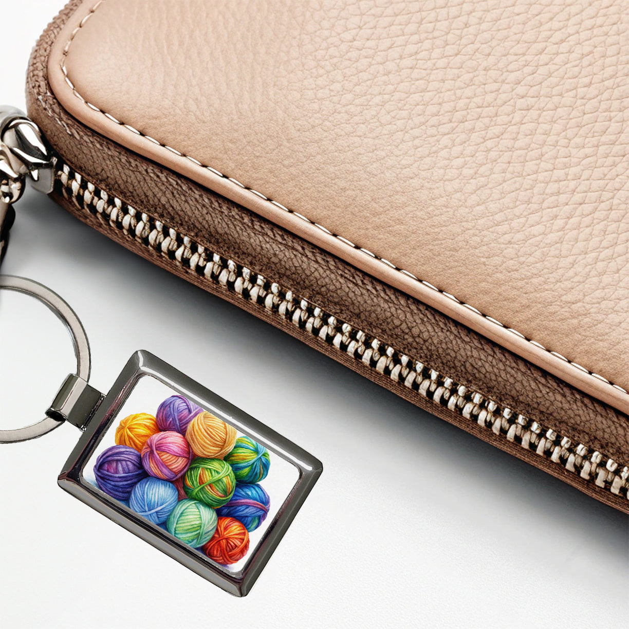 Balls Of Rainbow Yarn Knitting Crochet Watercolor Rectangle Metal Keychain