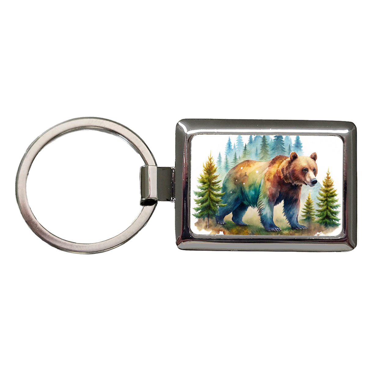 Bear In Forest Watercolor Design Rectangle Metal Keychain