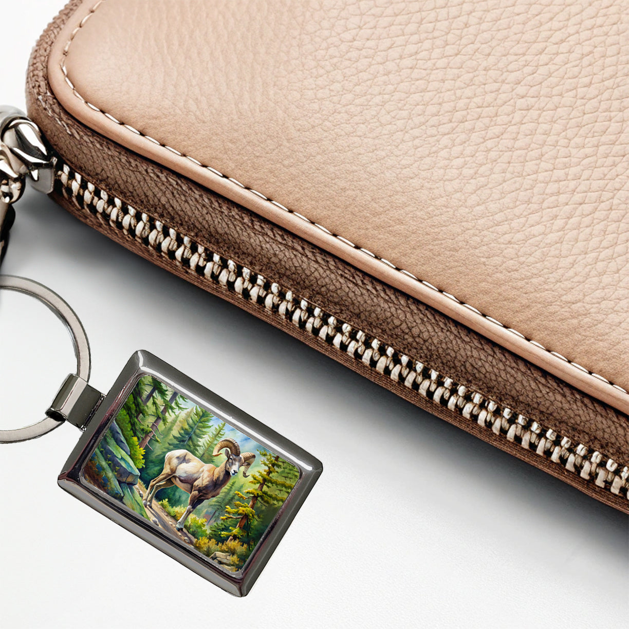 Bighorn Sheep In Forest Watercolor Rectangle Metal Keychain