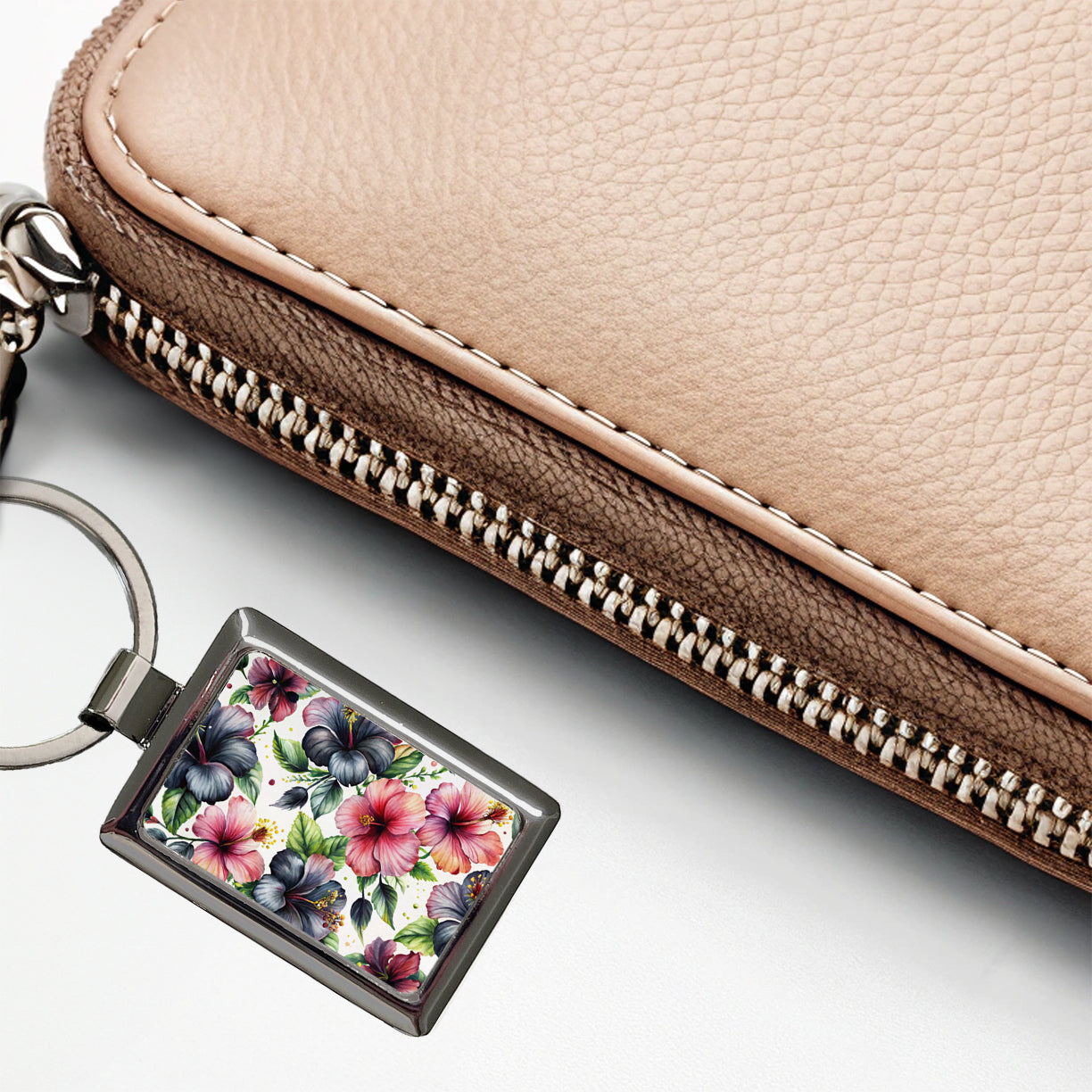 Black Pink Hibiscus Flowers Watercolor Rectangle Metal Keychain