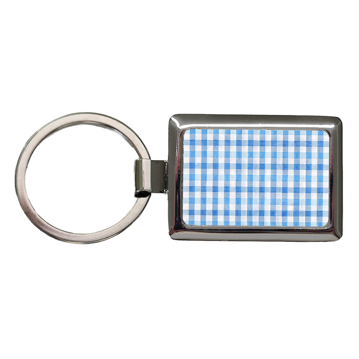 Blue White Gingham Watercolor Rectangle Metal Keychain