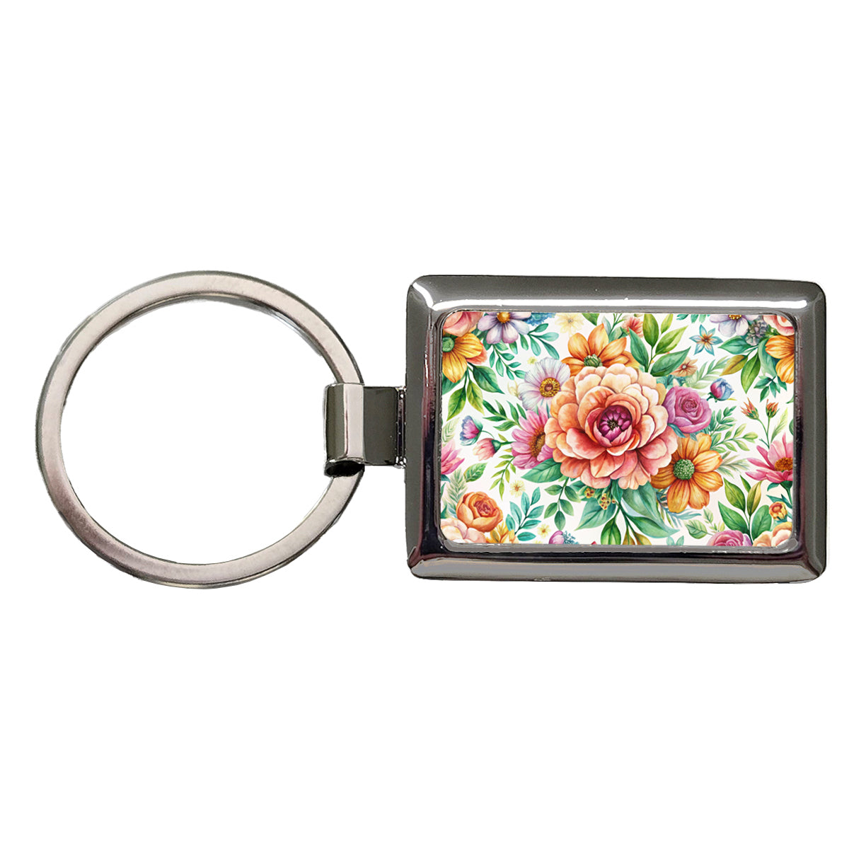 Boho Flowers Watercolor Rectangle Metal Keychain