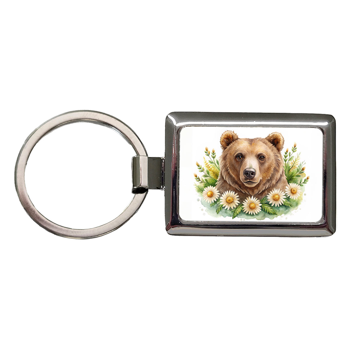 Brown Bear Watercolor Design With Daisies Rectangle Metal Keychain