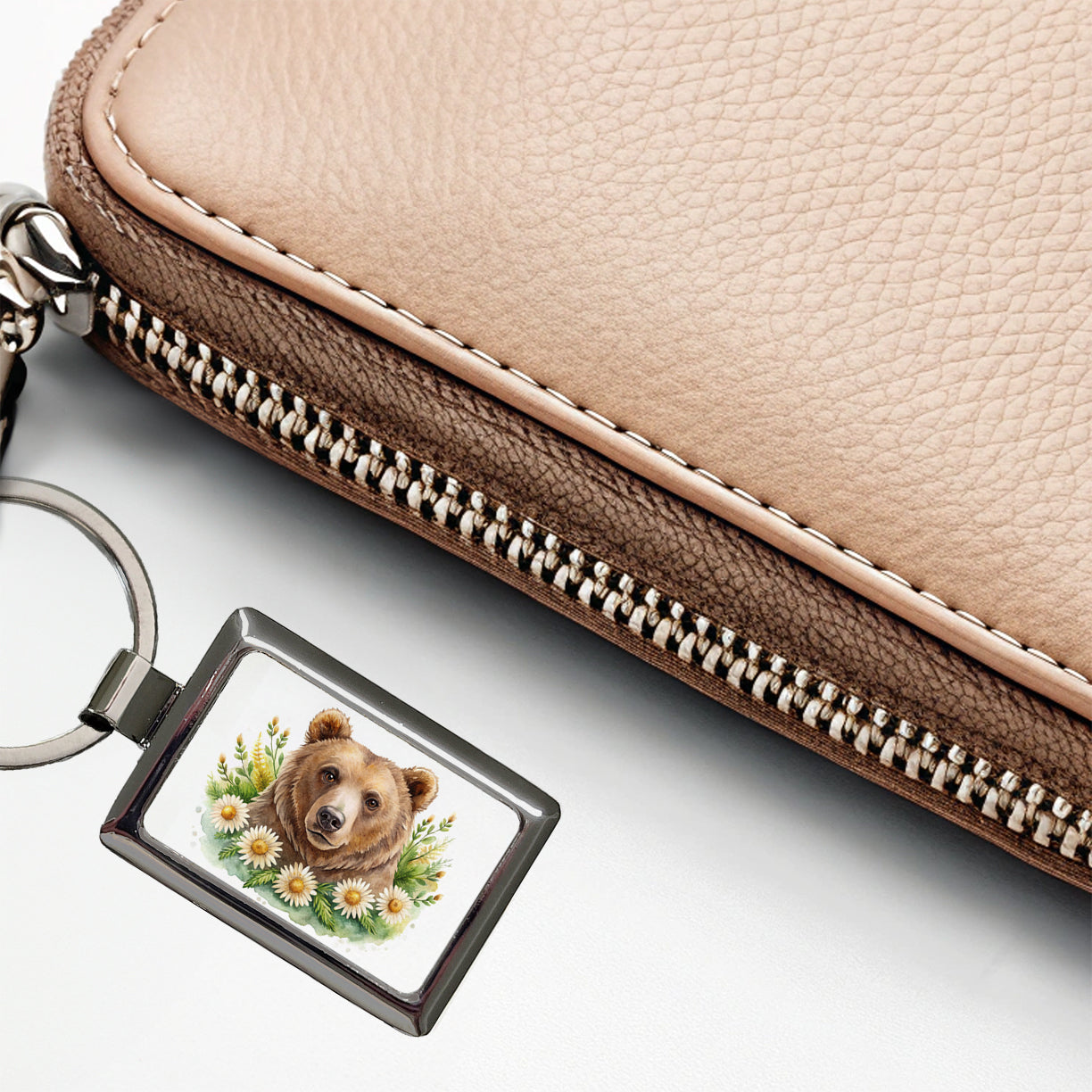 Brown Bear Watercolor Design With Daisies Rectangle Metal Keychain