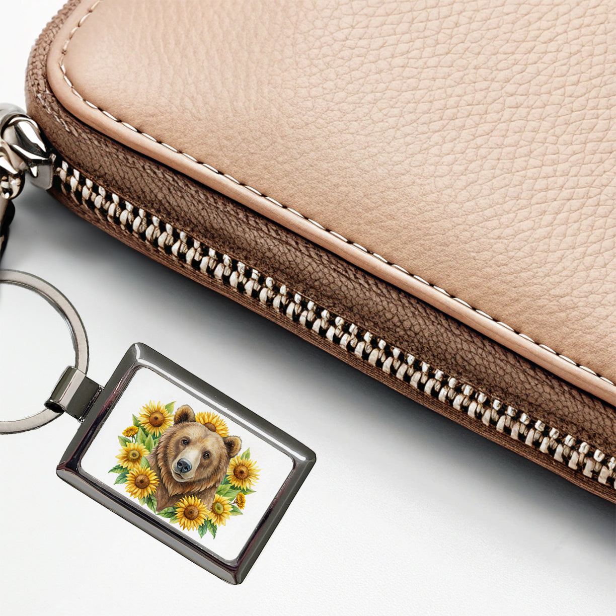 Brown Bear Watercolor Design With Sunflowers Rectangle Metal Keychain