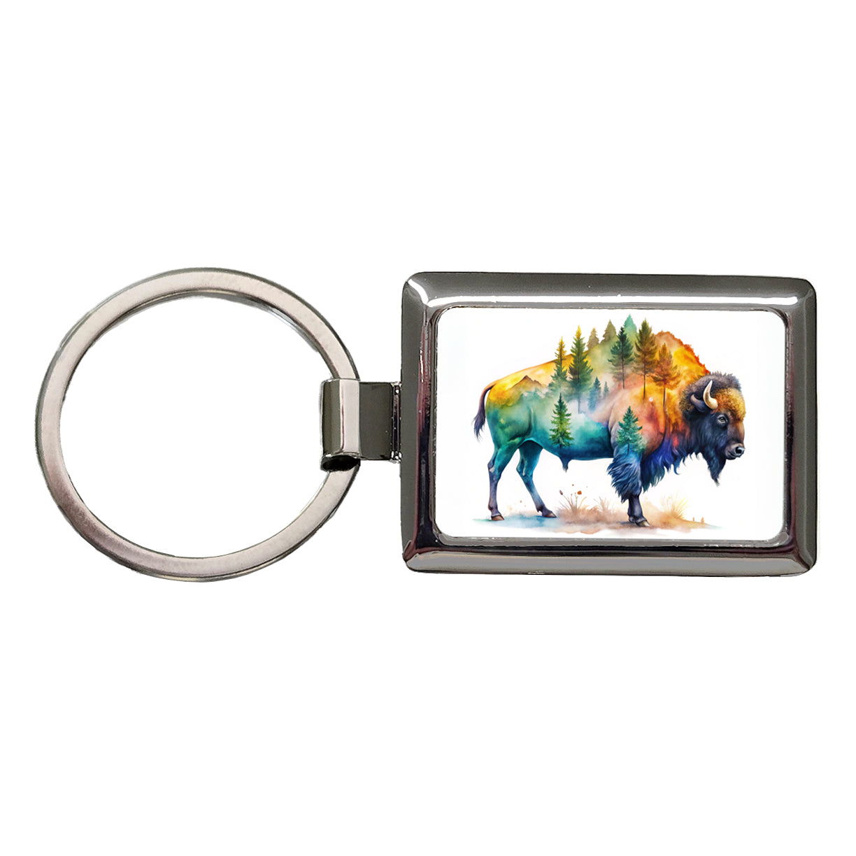 Buffalo In Forest Watercolor Design Rectangle Metal Keychain