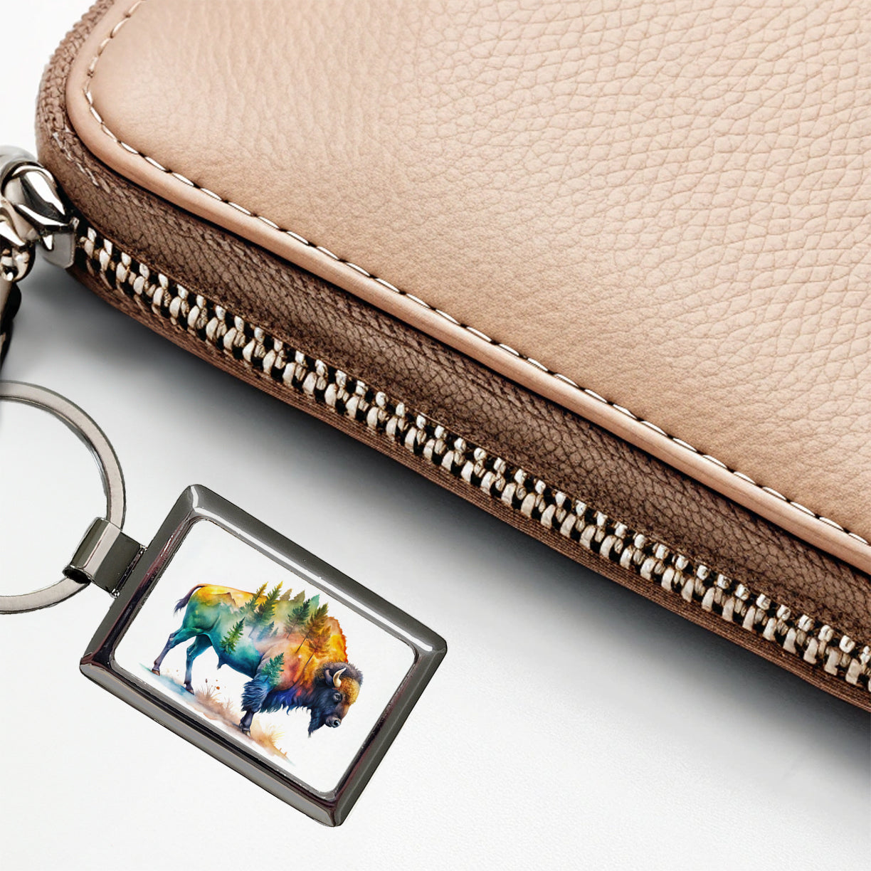Buffalo In Forest Watercolor Design Rectangle Metal Keychain