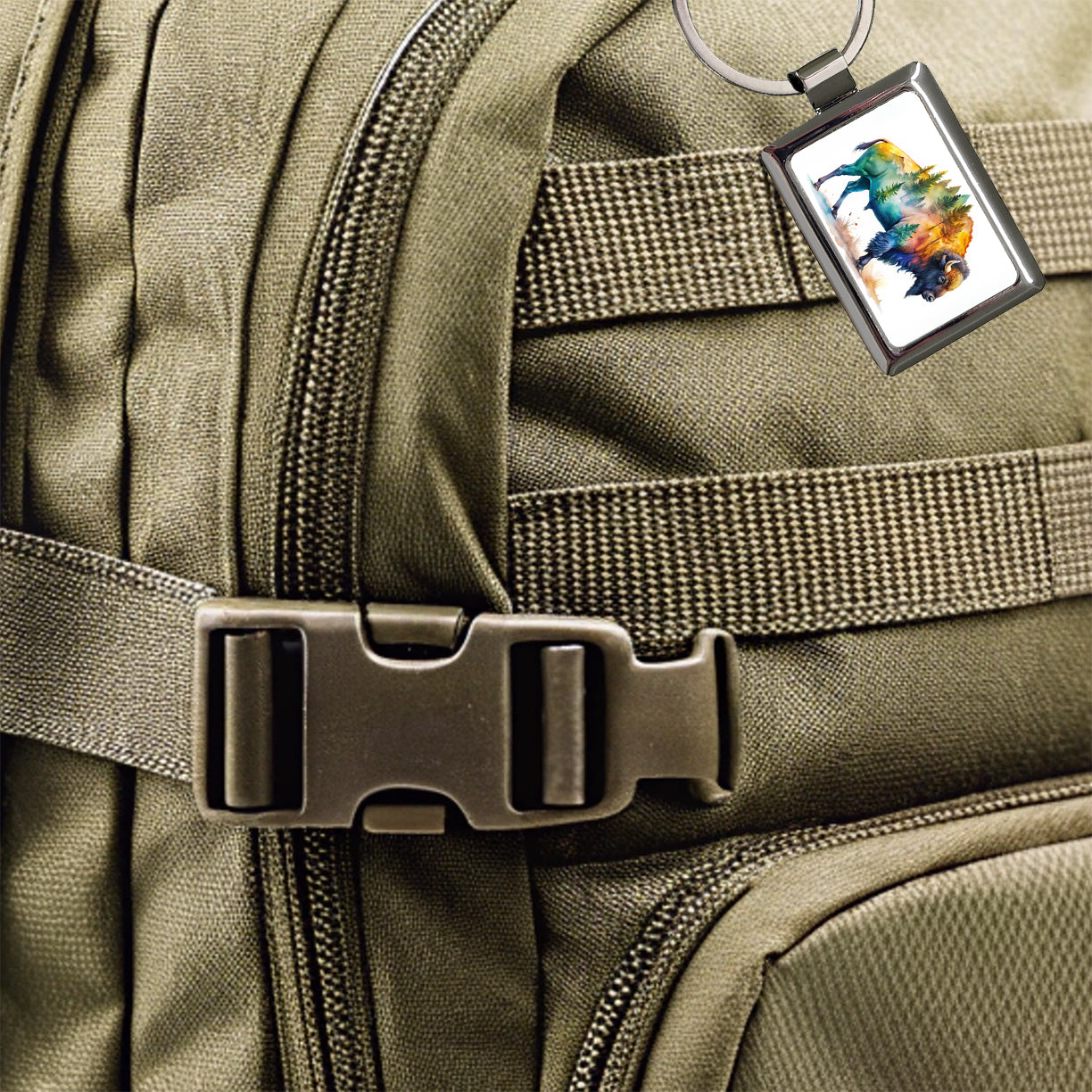 Buffalo In Forest Watercolor Design Rectangle Metal Keychain