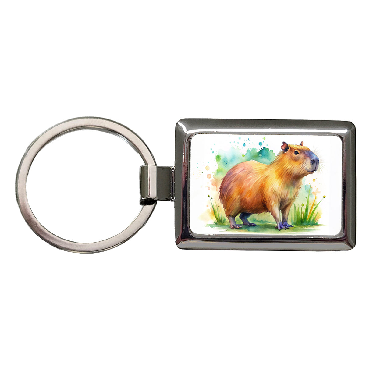 Capybara Watercolor Rectangle Metal Keychain
