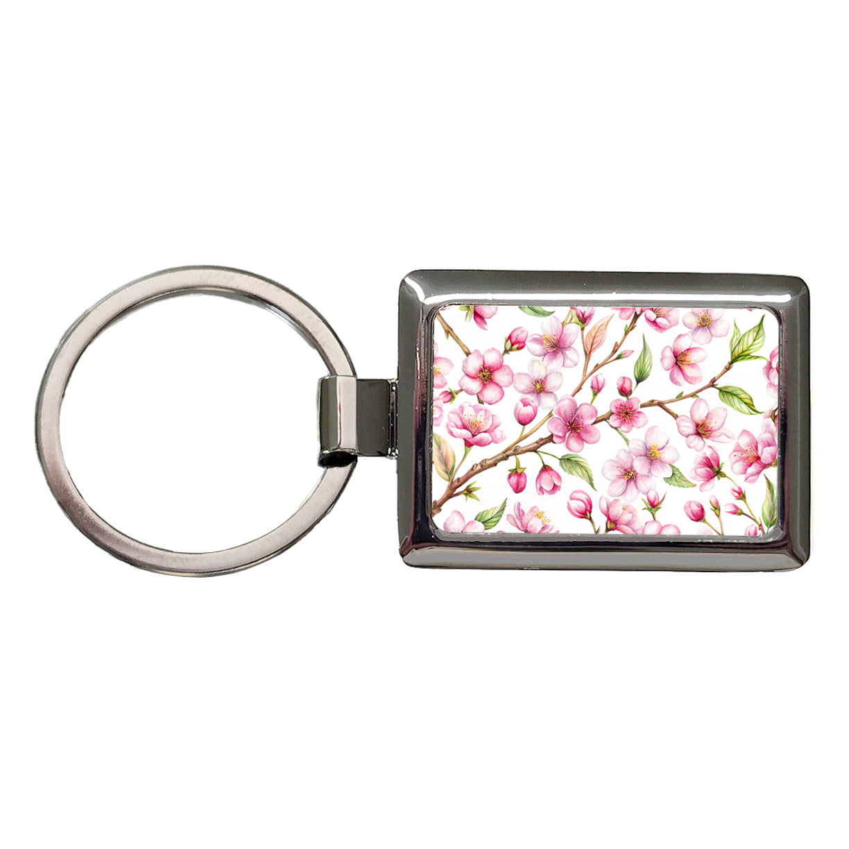 Cherry Blossom Flowers White Rectangle Metal Keychain