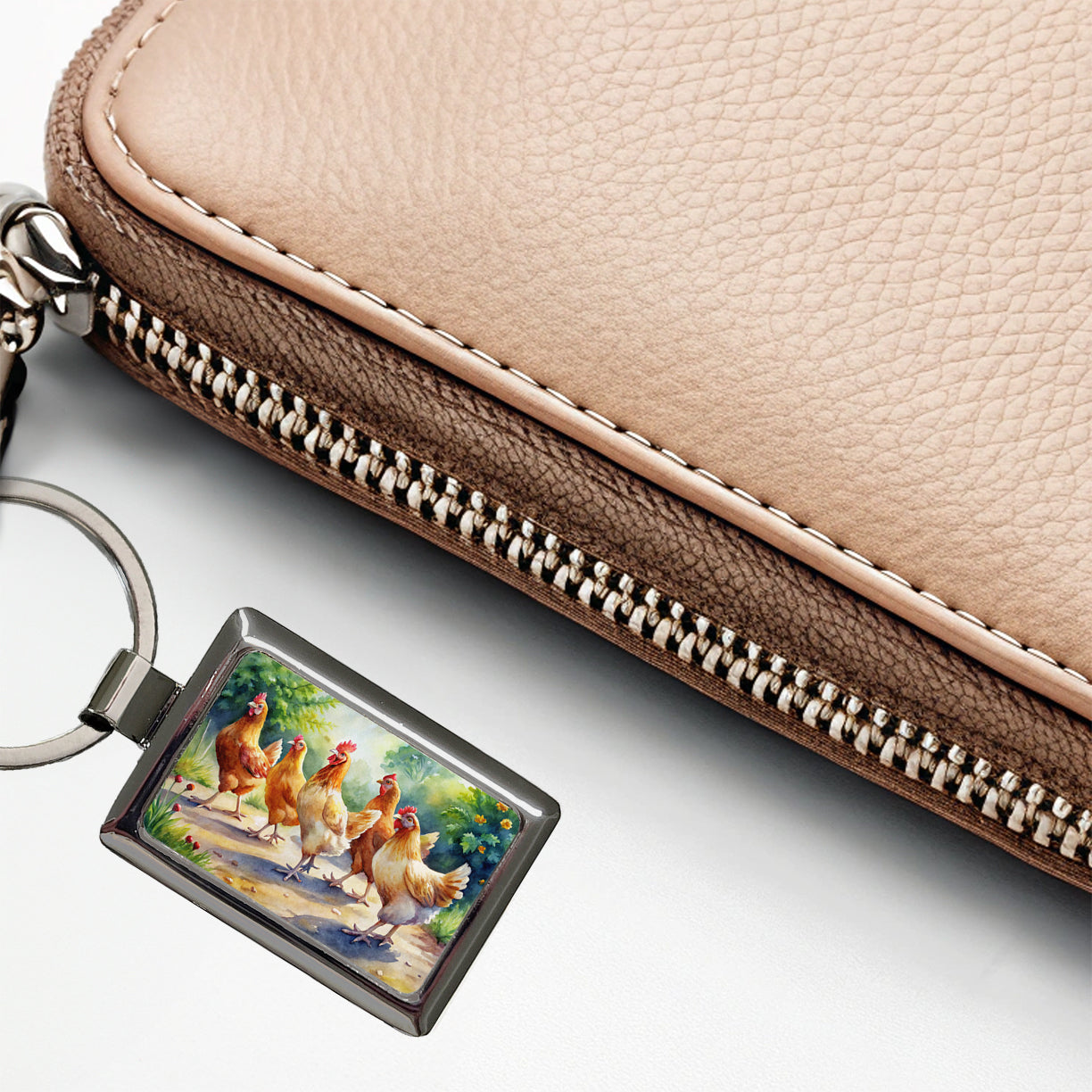 Chickens Walking Around Watercolor Rectangle Metal Keychain