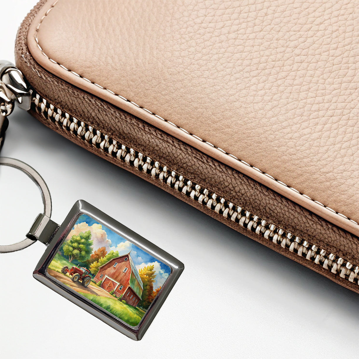 Classic Barn Tractor Watercolor Design Rectangle Metal Keychain