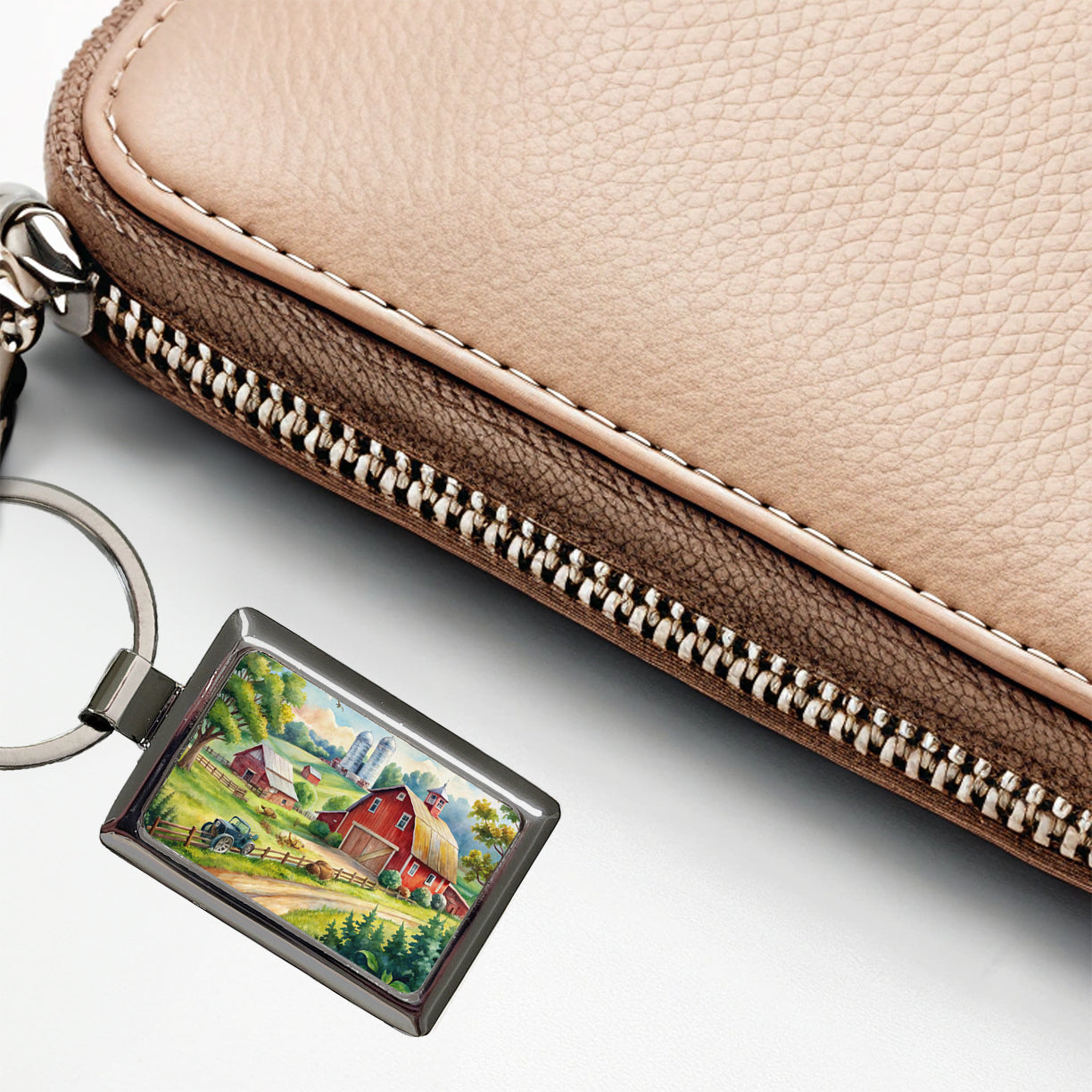 Classic Farm Watercolor Design Rectangle Metal Keychain
