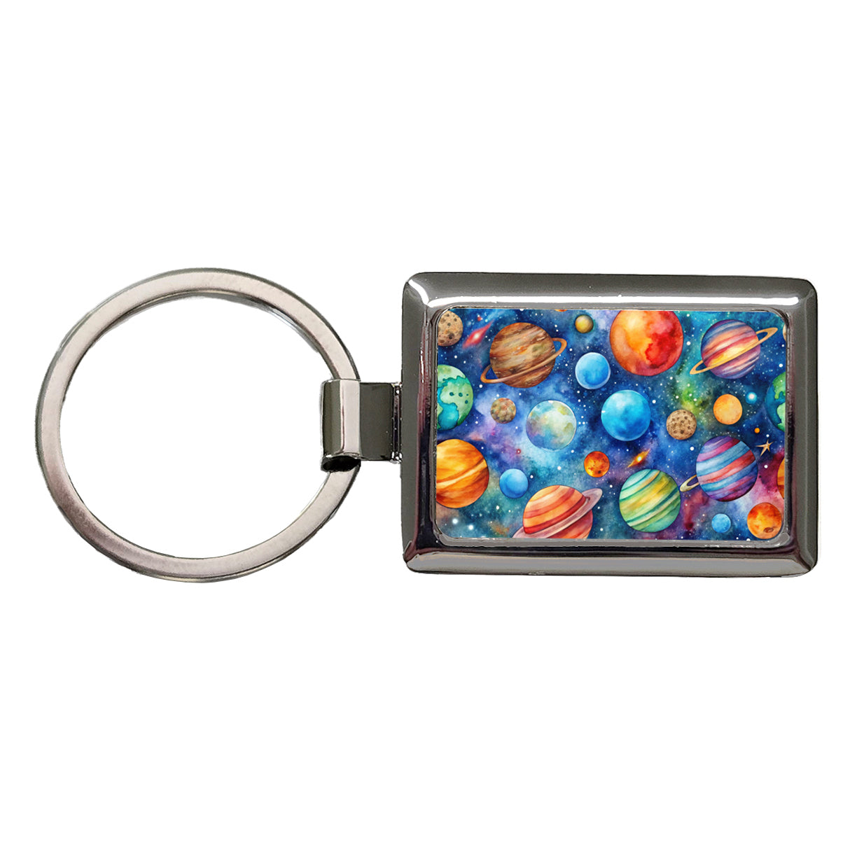 Colorful Planets In Space Watercolor Rectangle Metal Keychain