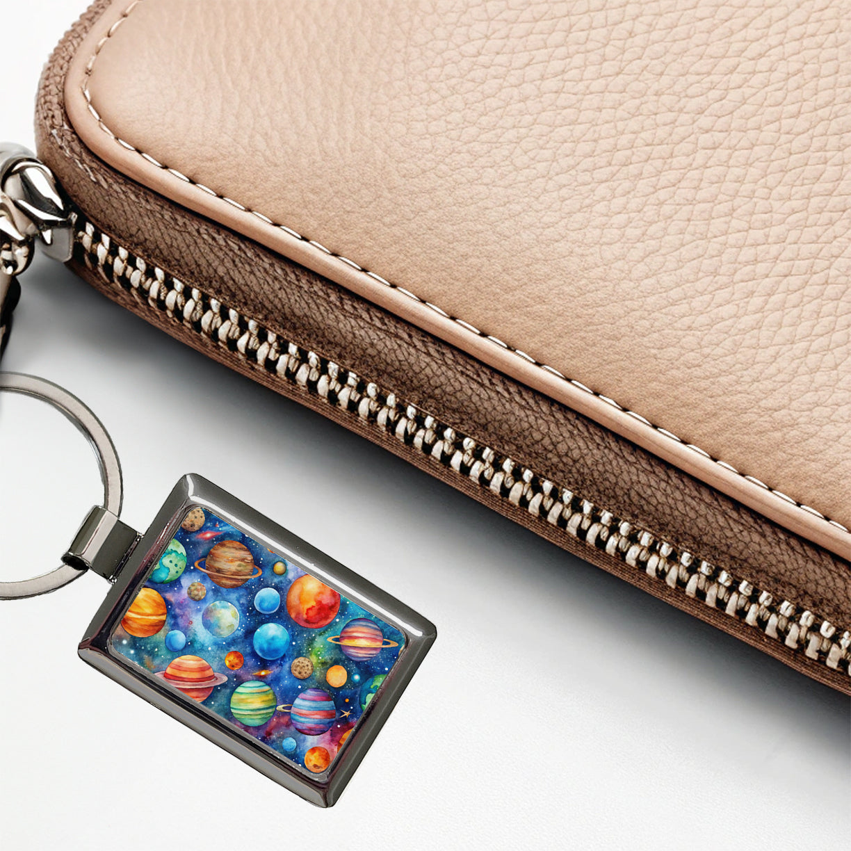 Colorful Planets In Space Watercolor Rectangle Metal Keychain