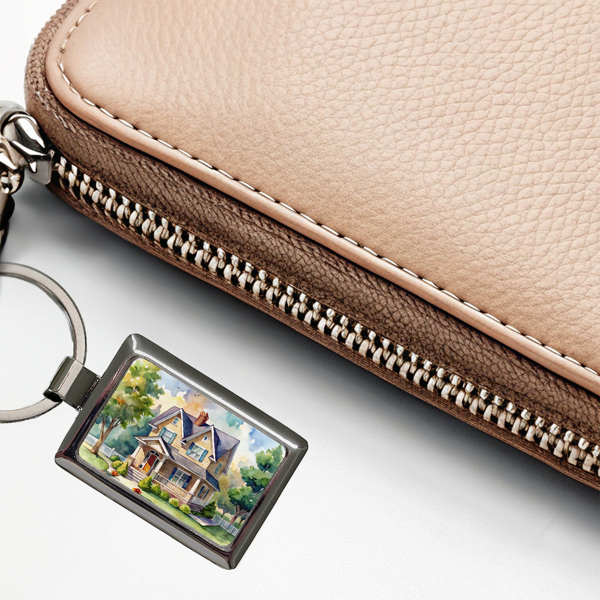 Country Farm House Painting Watercolor Rectangle Metal Keychain