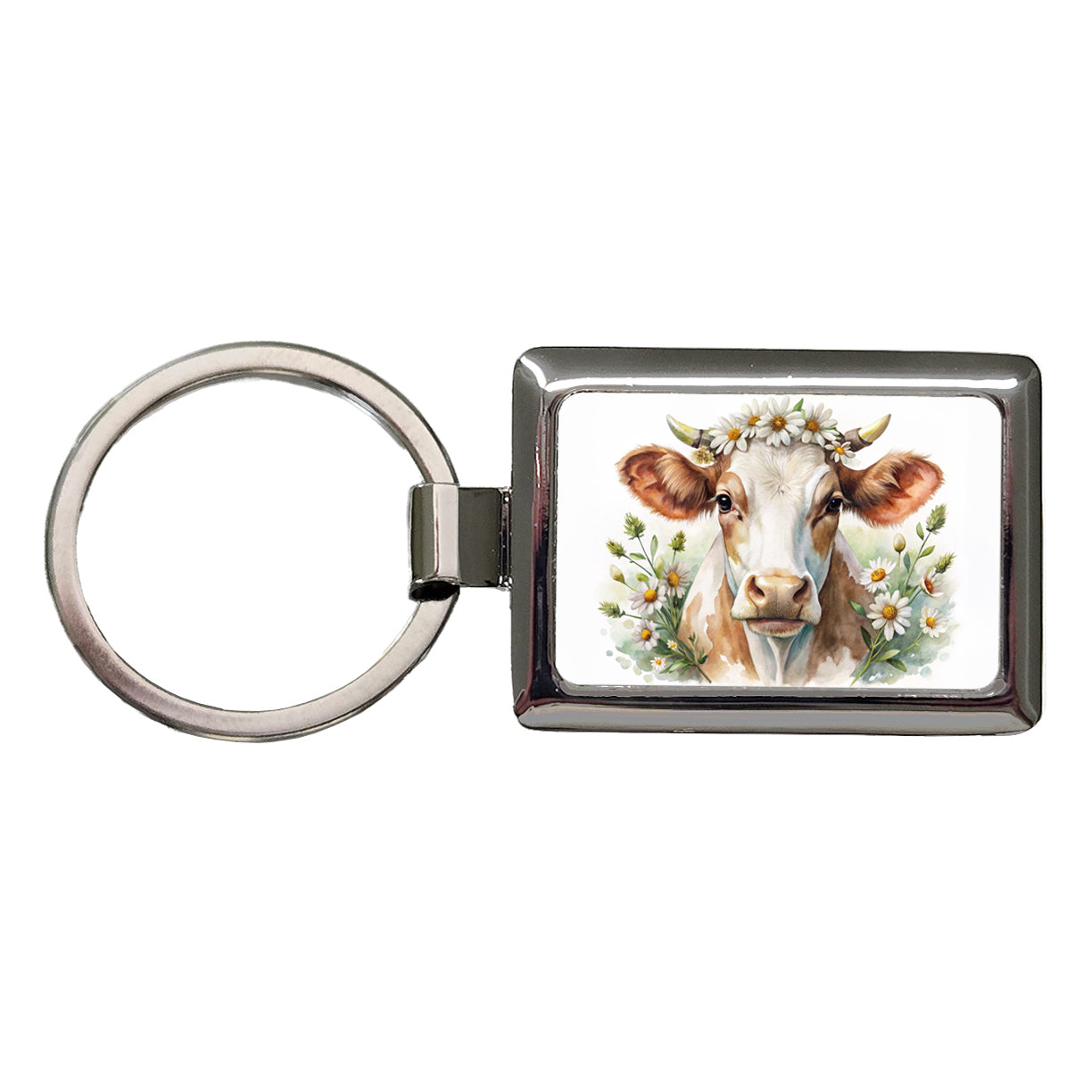 Cow Watercolor With Daisies Rectangle Metal Keychain