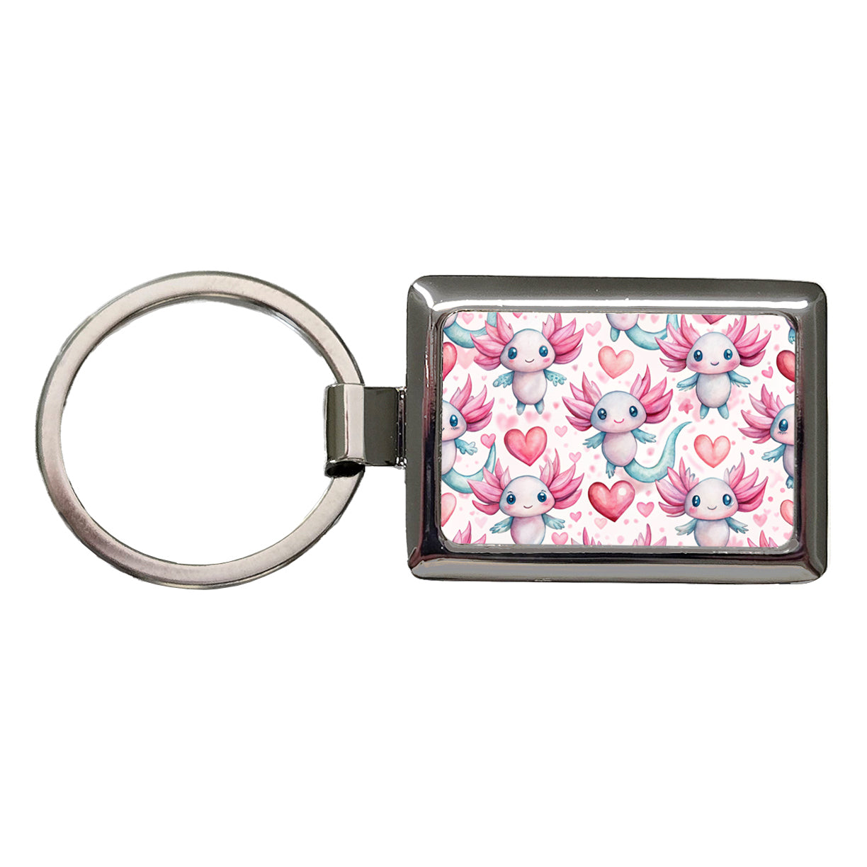 Cute Axolotls Hearts Watercolor Rectangle Metal Keychain