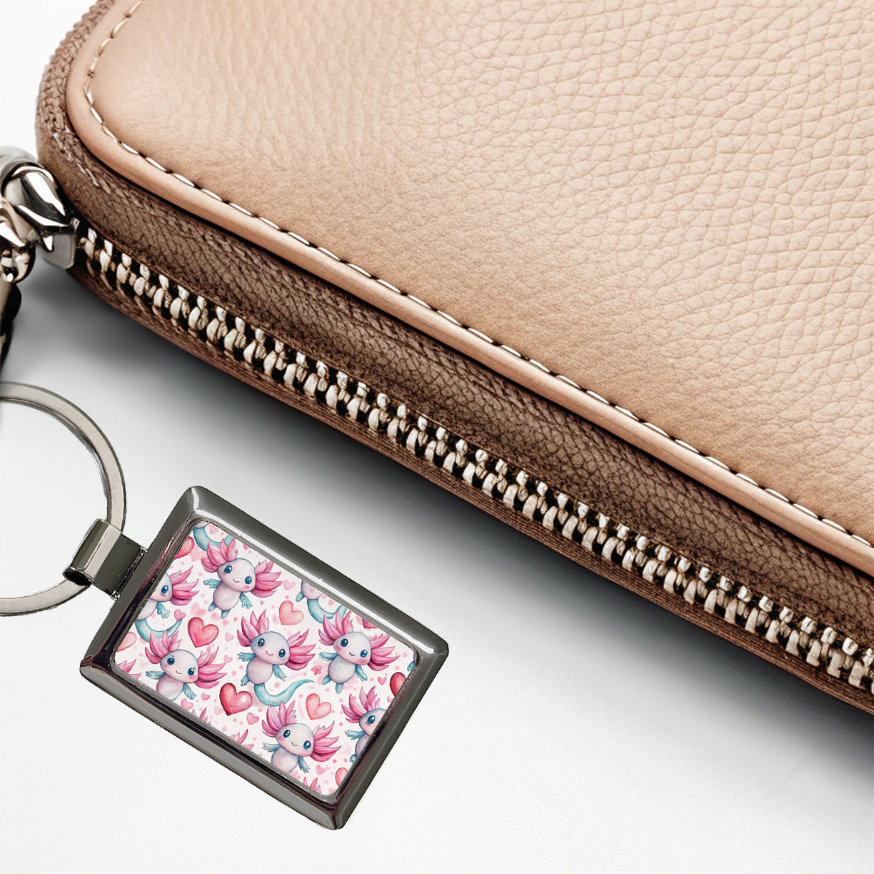 Cute Axolotls Hearts Watercolor Rectangle Metal Keychain