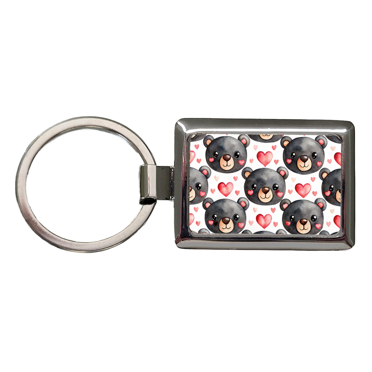 Cute Black Bear Faces Hearts Rectangle Metal Keychain