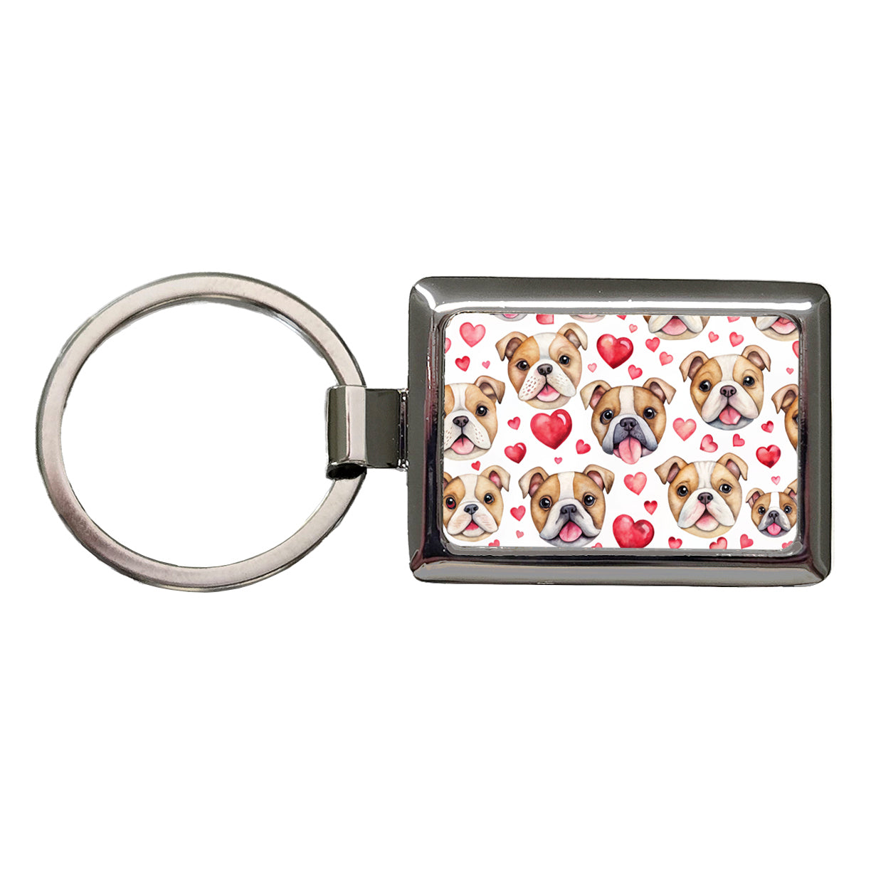 Cute Bulldog Dog Faces Hearts Rectangle Metal Keychain