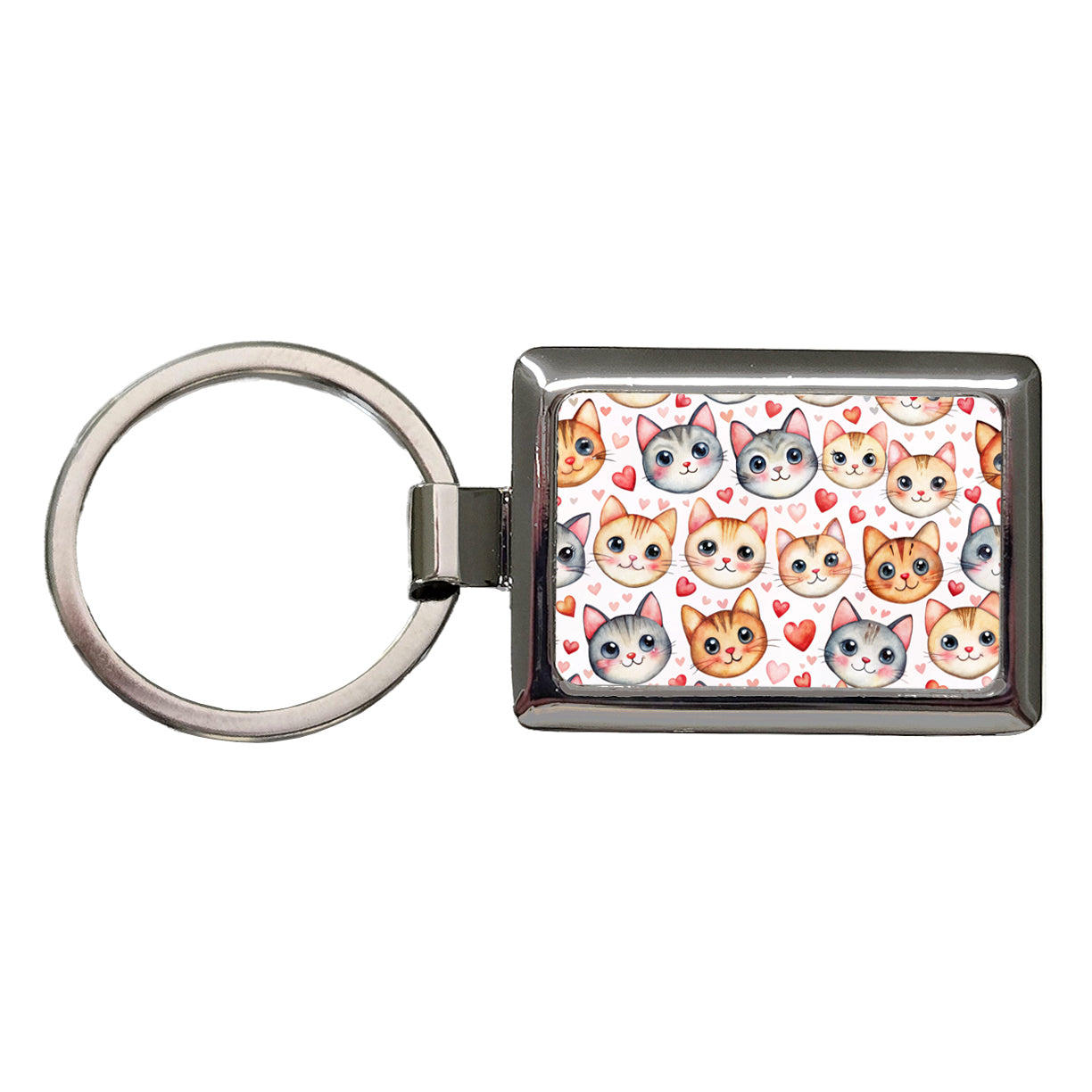 Cute Cat Faces Hearts Watercolor Rectangle Metal Keychain